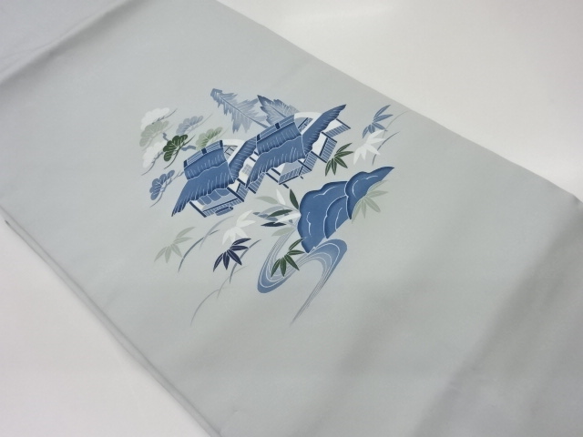 塩瀬手描き友禅古民家に松笹・流水模様名古屋帯